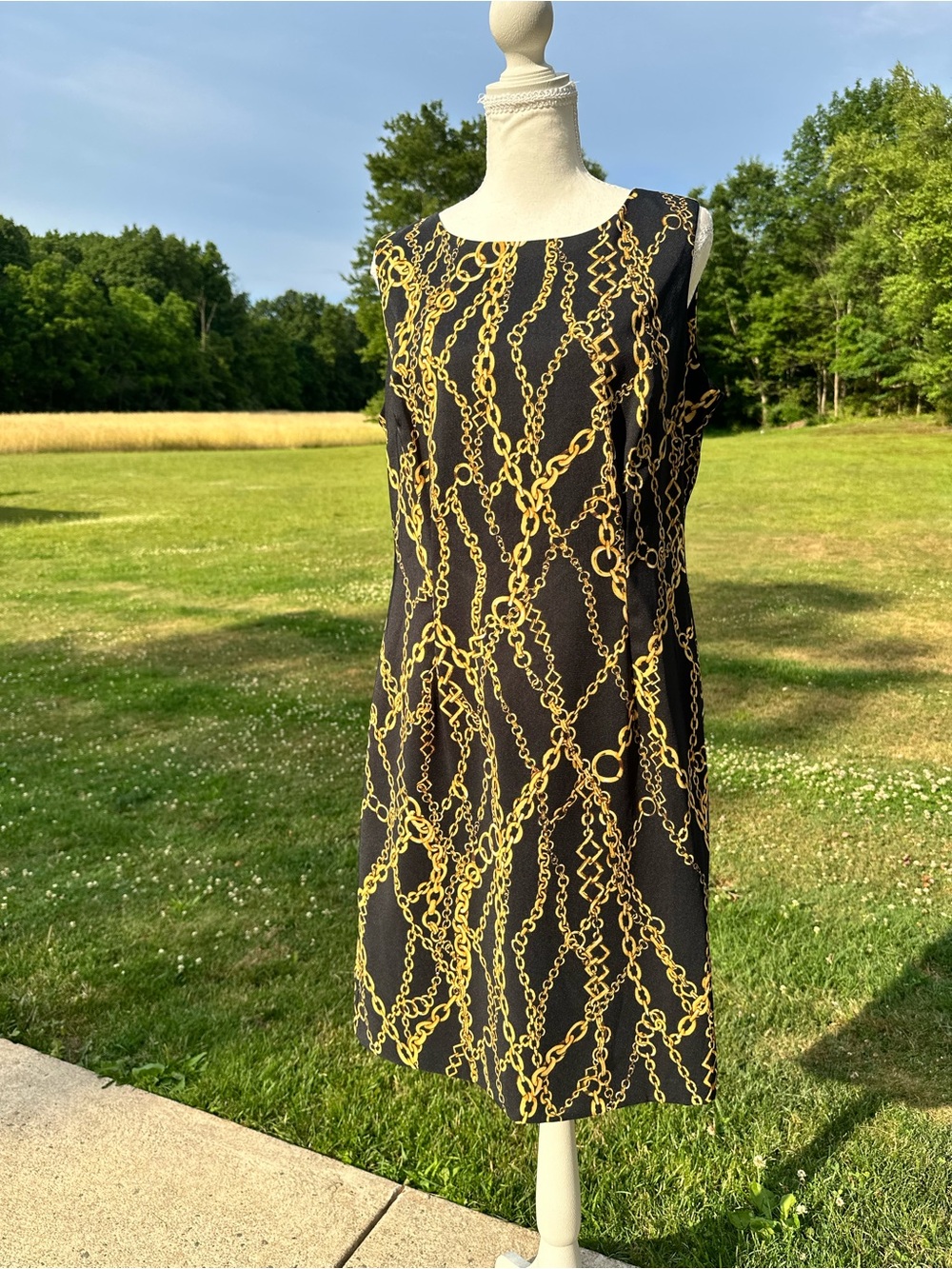 Ronni Nicole Black Midi Dress with Gold Chain Print